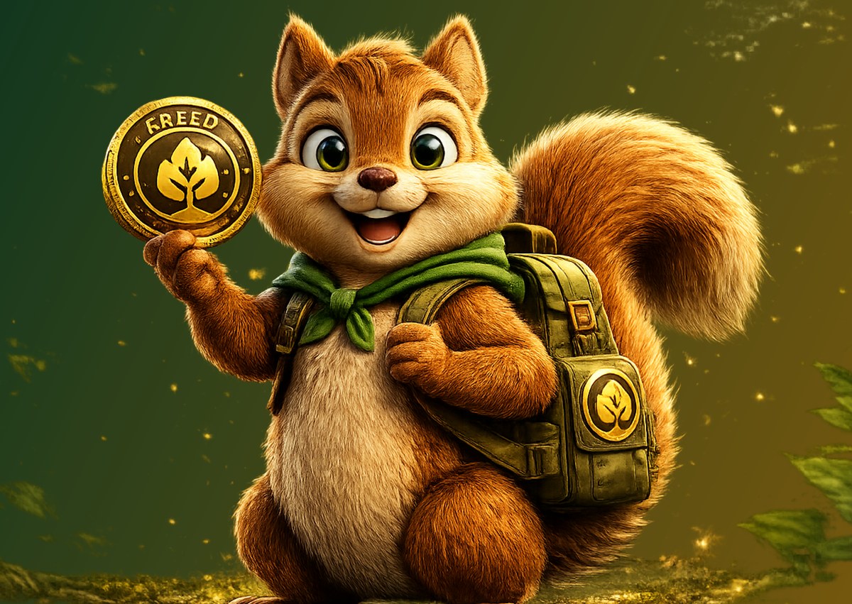 Nutty the Squirrel holding a FREED community token and wearing a green backpack